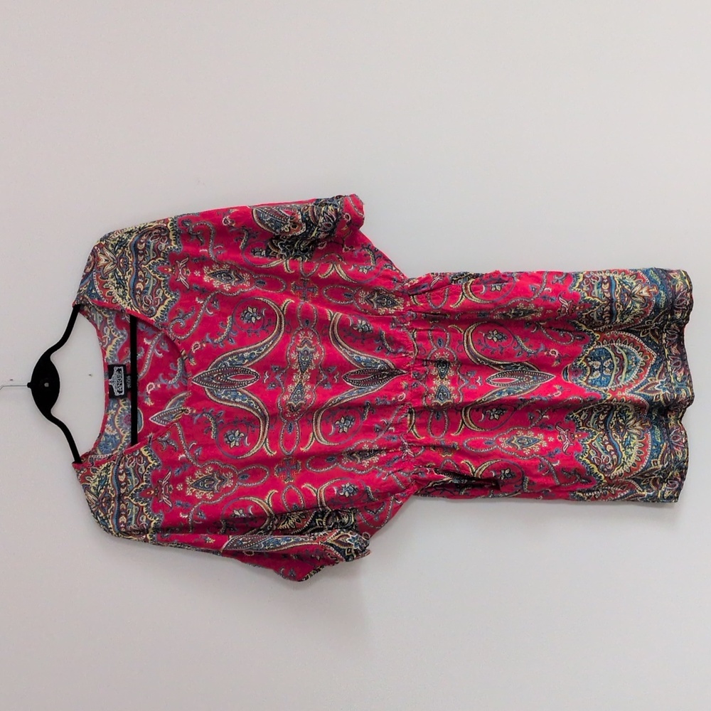 Angie Red Paisley Boho Mini Dress with Pockets Large